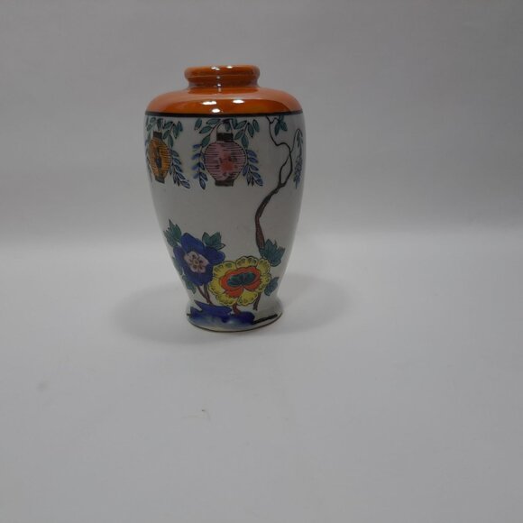 Vintage Japan Lustreware Hand Painted Floral Lantern Vase Stem Bud Flower Pot - Picture 6 of 12